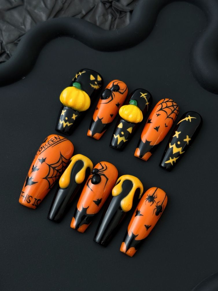 Wujasmine Press on nails Hand-painted pumpkins for Halloween