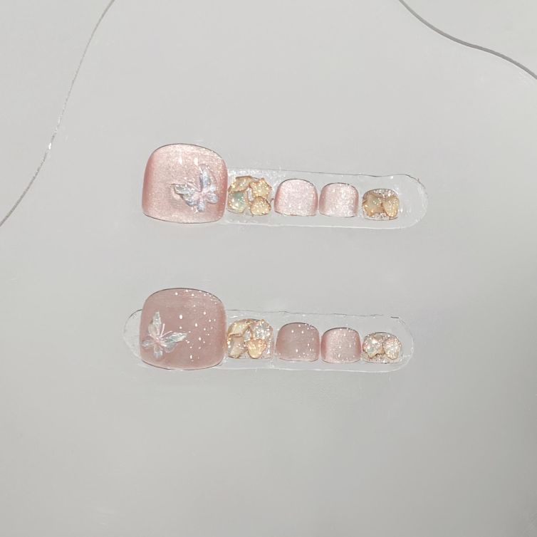 Wujasmine Press on nails Handmade original wearable nails, pink toenail patches, fair-skinned with rhinestones and butterfly designs in summer, new style