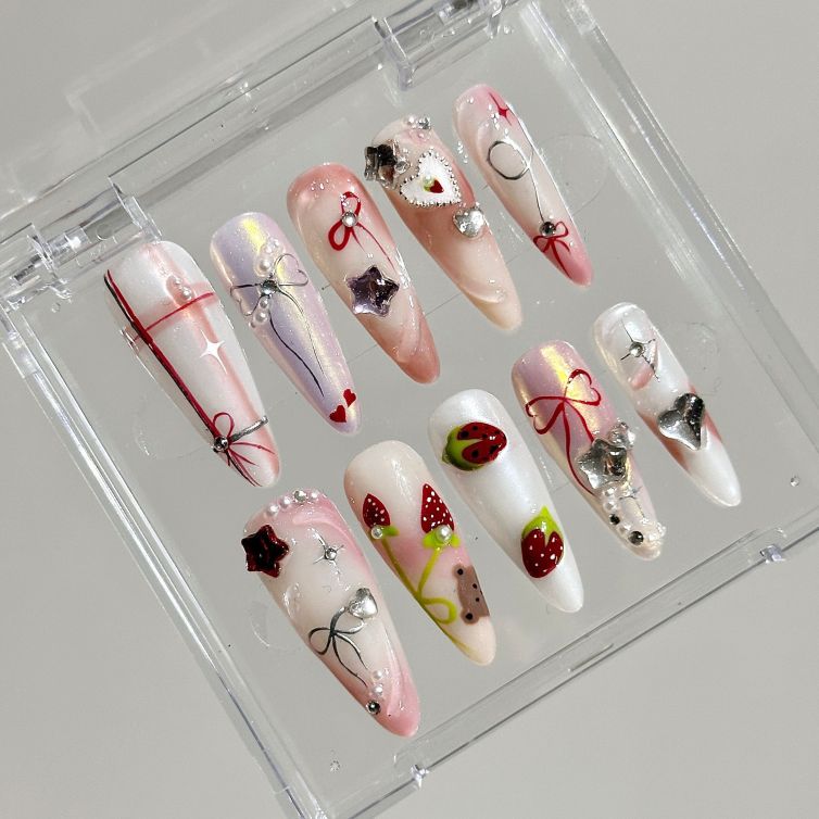 Wujasmine Press on nails 214Strawberry Nail Set