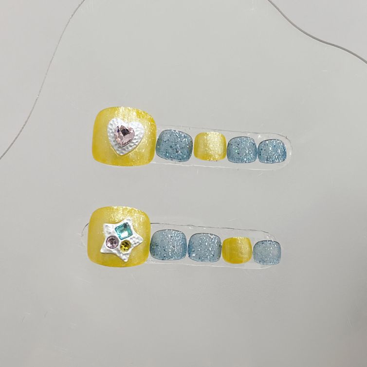 Wujasmine Press on nails-Pure handmade original wearable nails, yellow toenail patches, new style in summer, fair-skinned and with a sense of sophistication