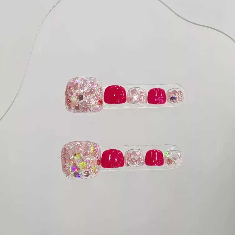 Wujasmine Press on nails cute fake nails-Red rhinestone toenail patches, fair-skinned toenail art with a sense of sophistication, pure handmade wearable nails, new style