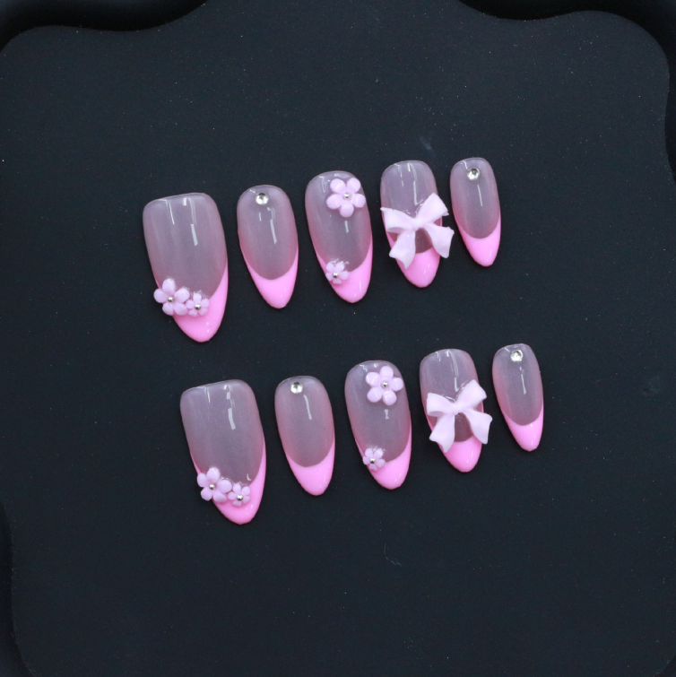 instantnailchic Press on nails- French classic bow pink almond shape